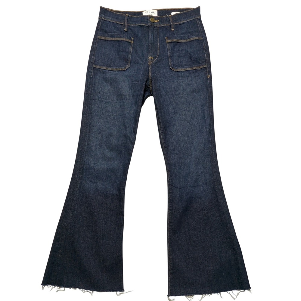 Frame Le Bardot Crop Flare Jeans Women 26 Sutherland Dark Wash Raw Hem USA EUC